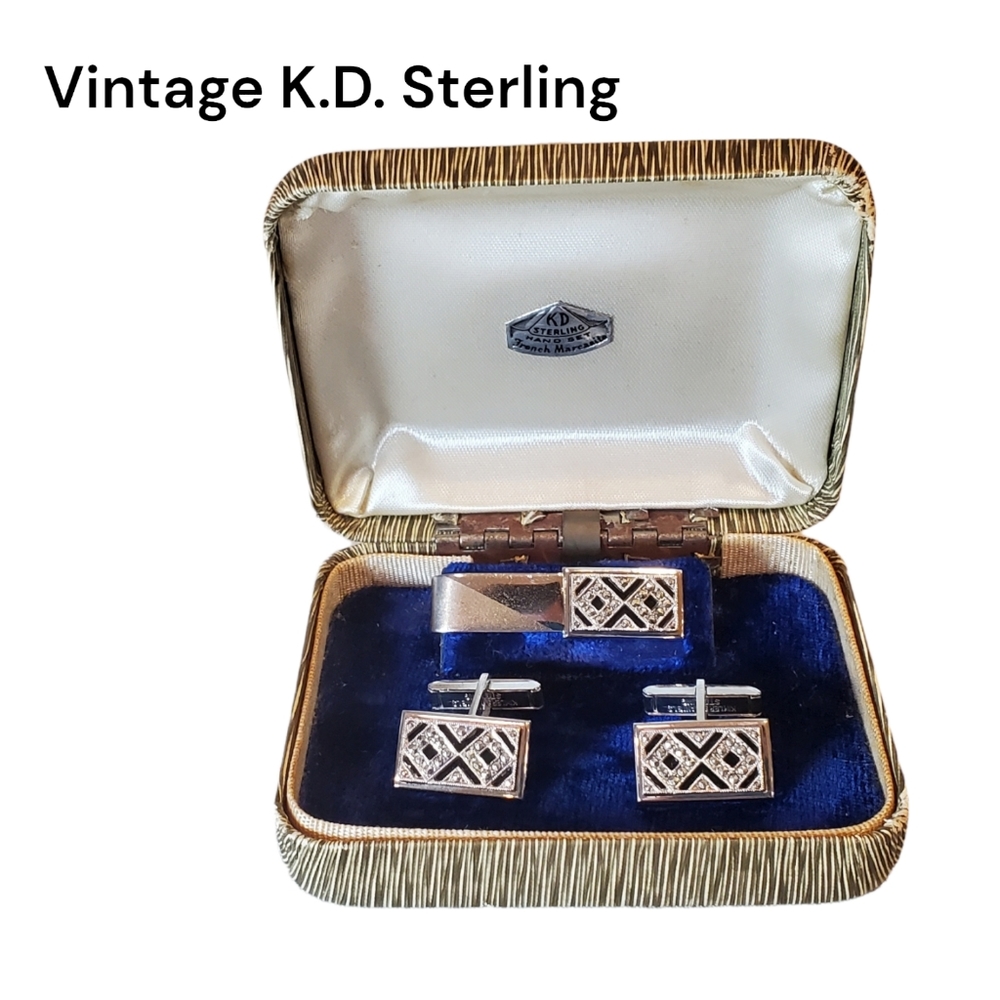 Vntg Sterling Cufflinks Tieclip Set Marcasite and Onyx Original Box